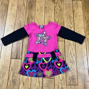 Y2K Dollie & Me Toddler 2T Pink Long Sleeve Dress Hearts Peace Signs Star